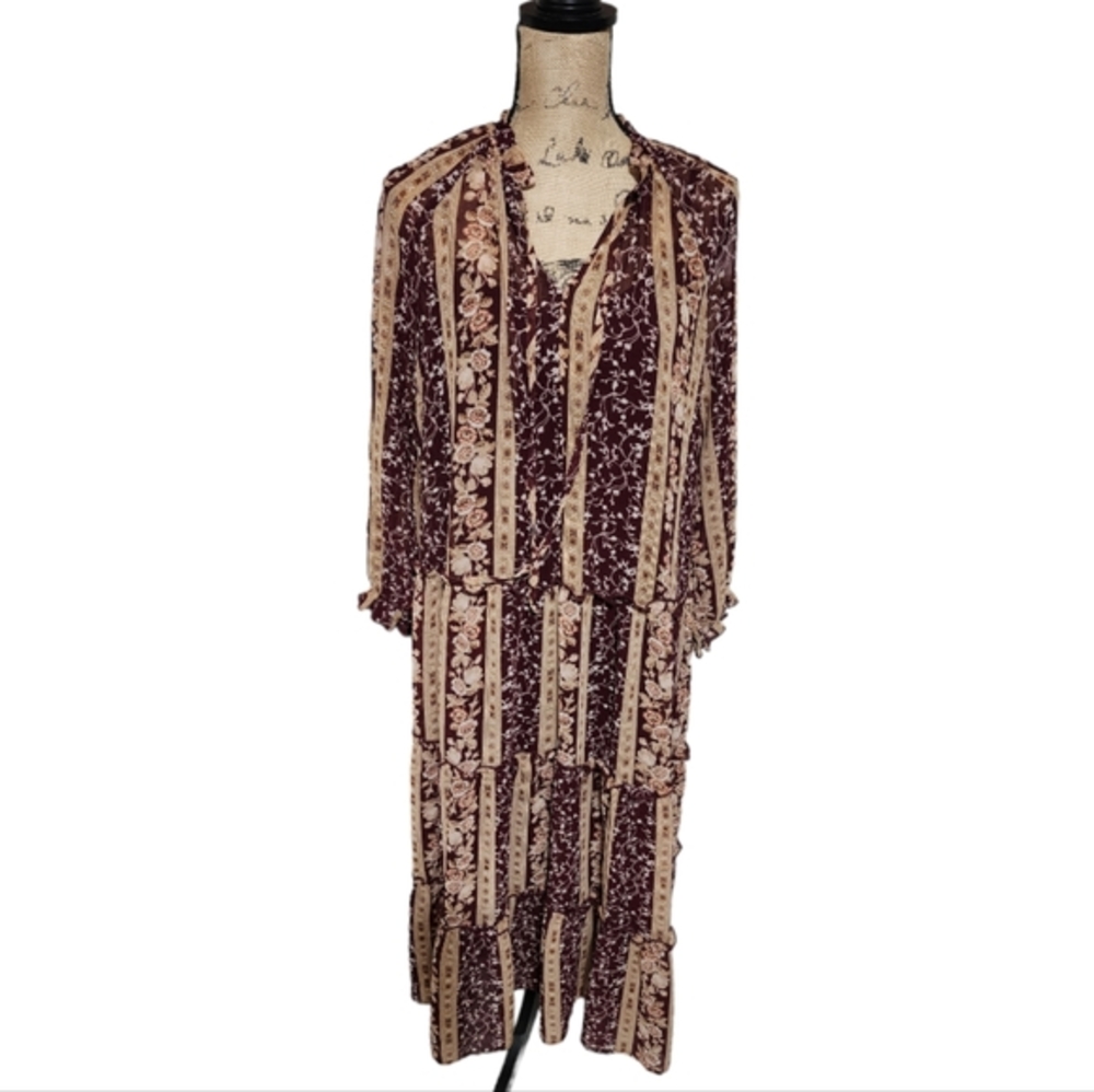 June & Hudson Long Sleeve Sheet Overlay Boho Floral Peasant Maxi Dress Size Med